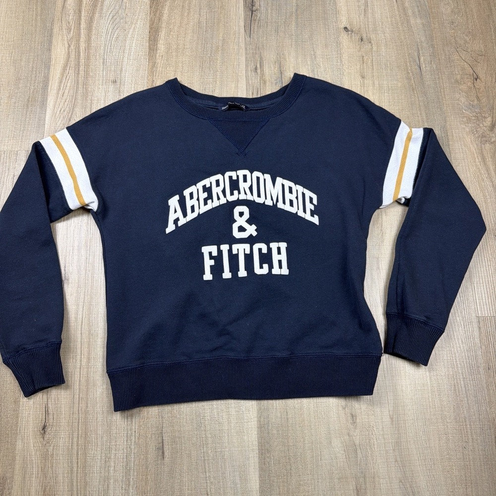 Abercrombie & Fitch Sweatshirt Women's XS Navy Logo Varsity‎ Stripe Crewneck
